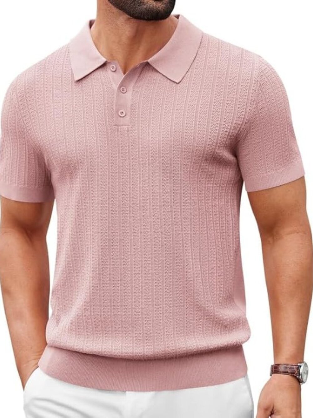 Men's Pink Casual Knit Polo Short Sleeve Slim T-Shirts Fit Textured
